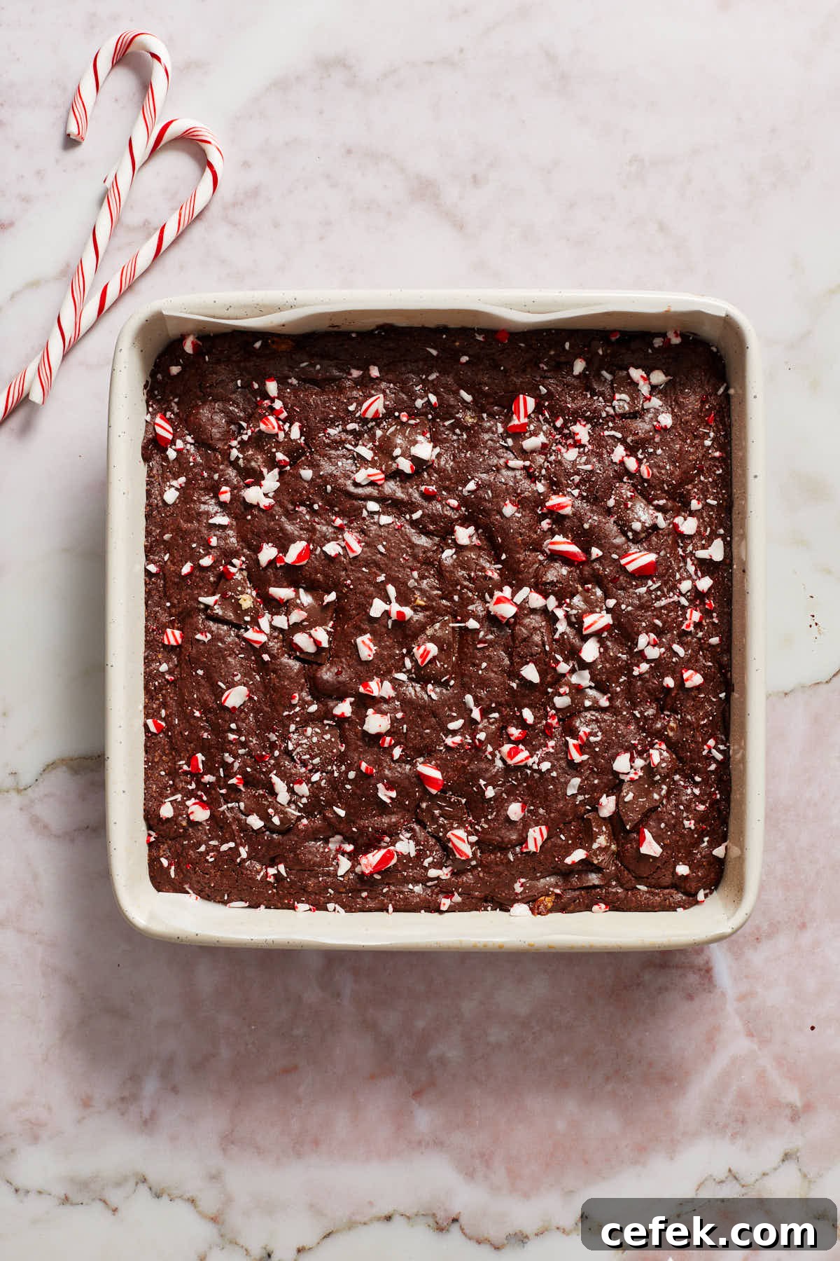 Fully baked brownies in the pan and topped with crushed candy canes.