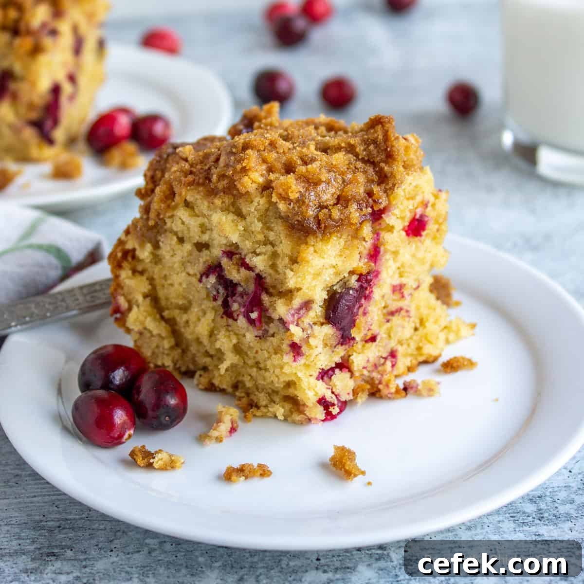A slice of cranberry coffee cake on a small plate.