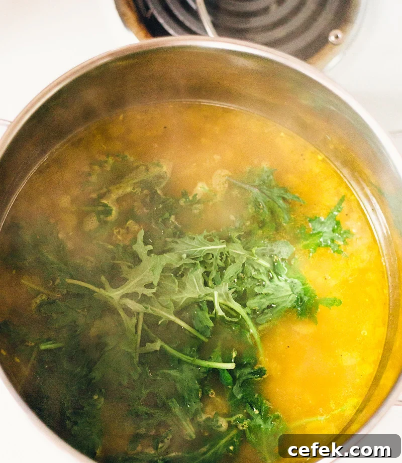 adding baby kale to the soup