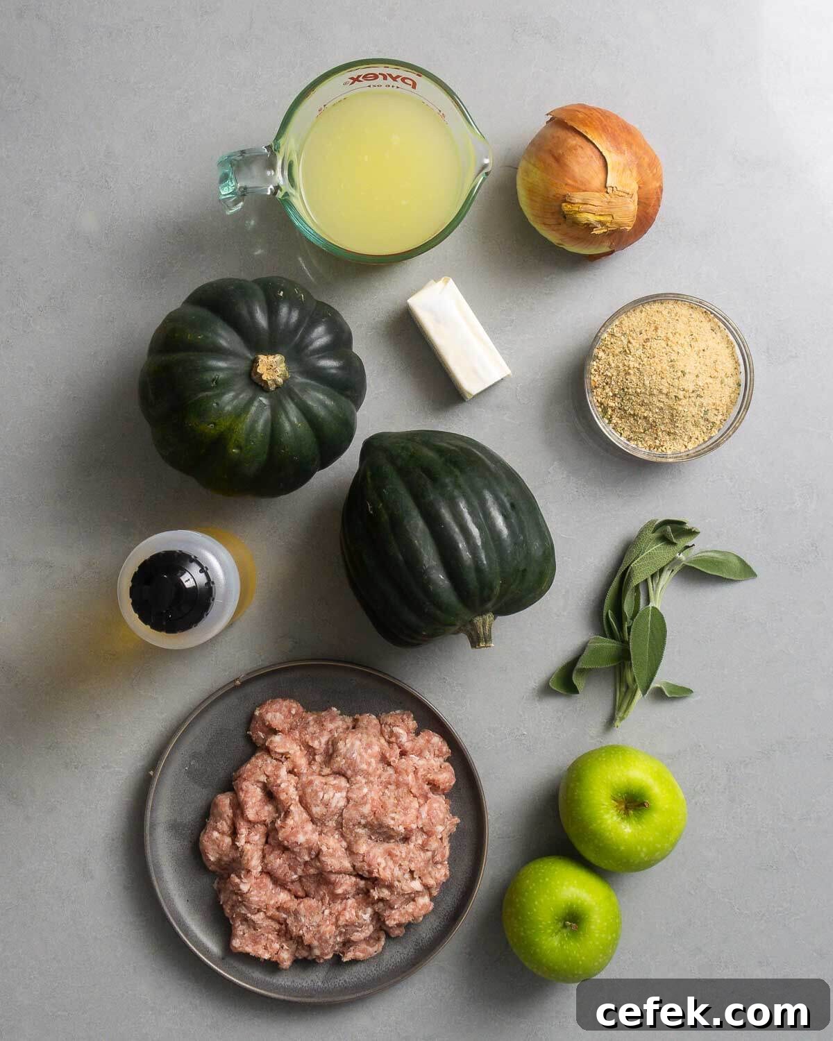 Ingredients shown: chicken stock, onion, acorn squash, butter, breadcrumbs, olive oil, sage, bulk Italian sausage, and apples.