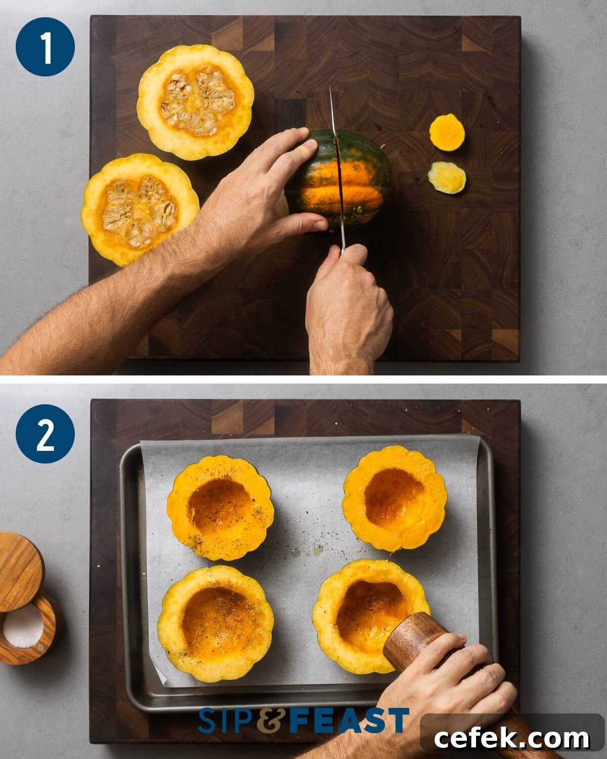 Stuffed acorn squash recipe collage group one showing cutting and seasoning of acorn squash.