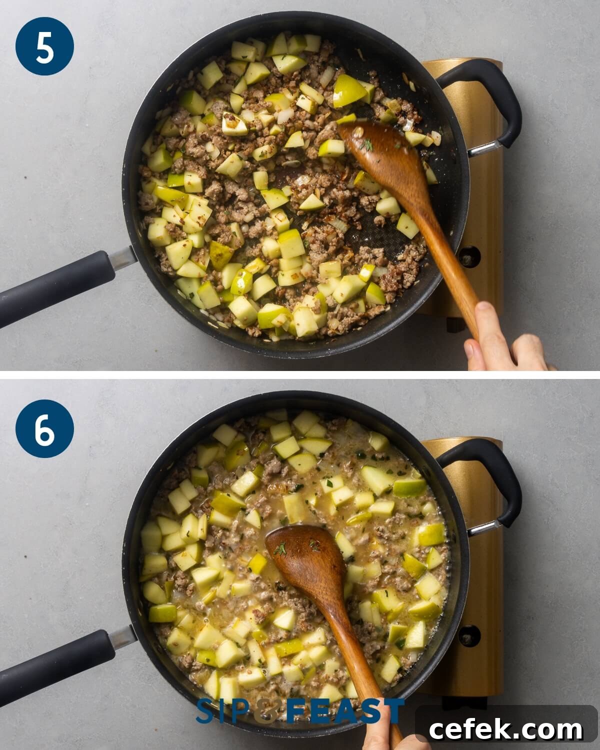 Recipe collage three showing sauteing of sausage with apples and adding chicken stock to the pan.