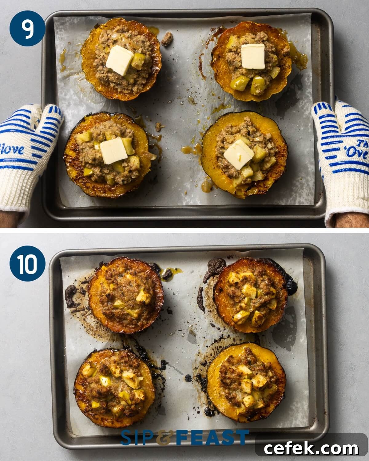 Recipe collage group five showing filling the acorn squash and topping with butter and a pic of the final product.
