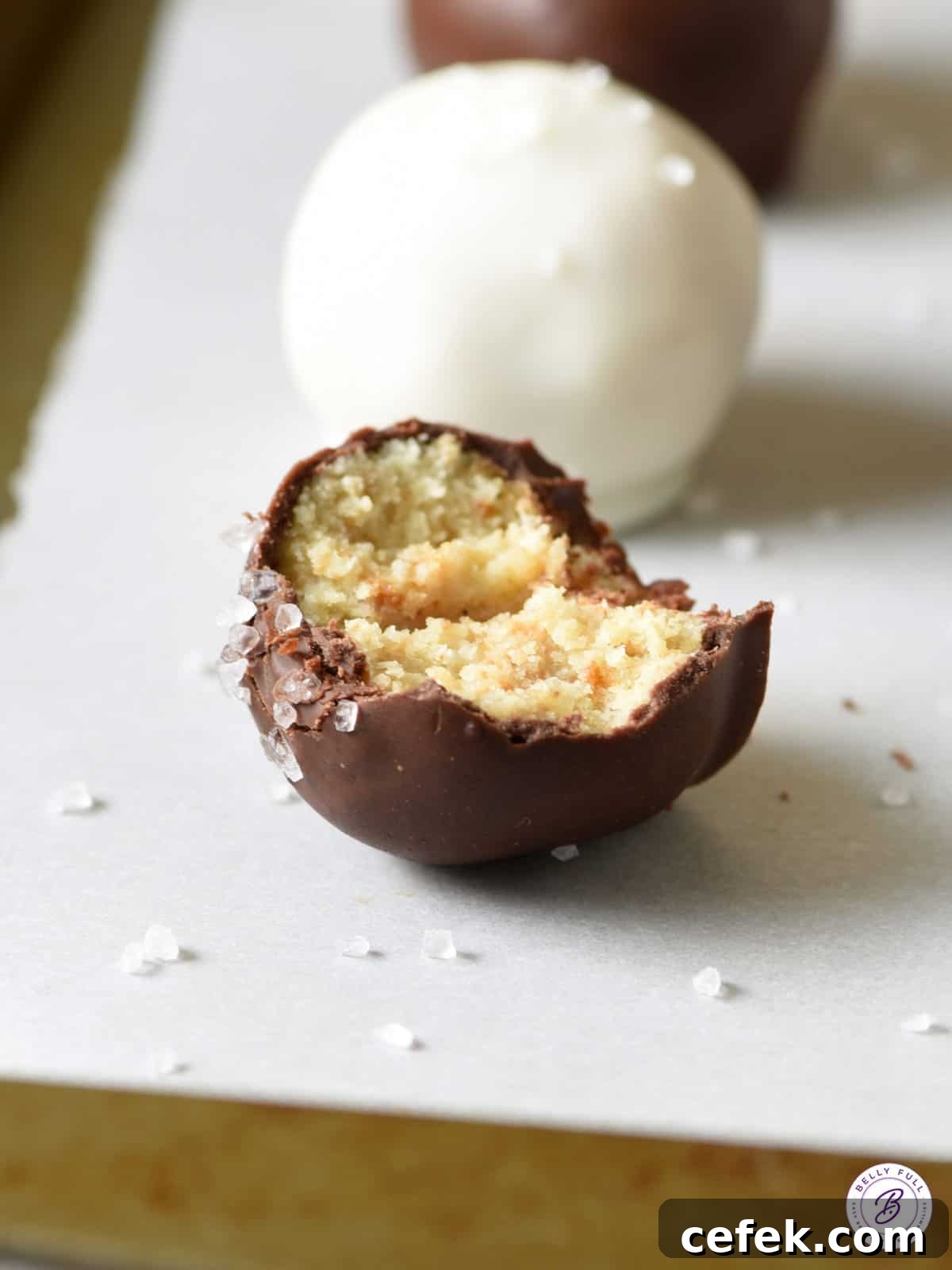 chocolate coated eggnog cake ball with bite taken