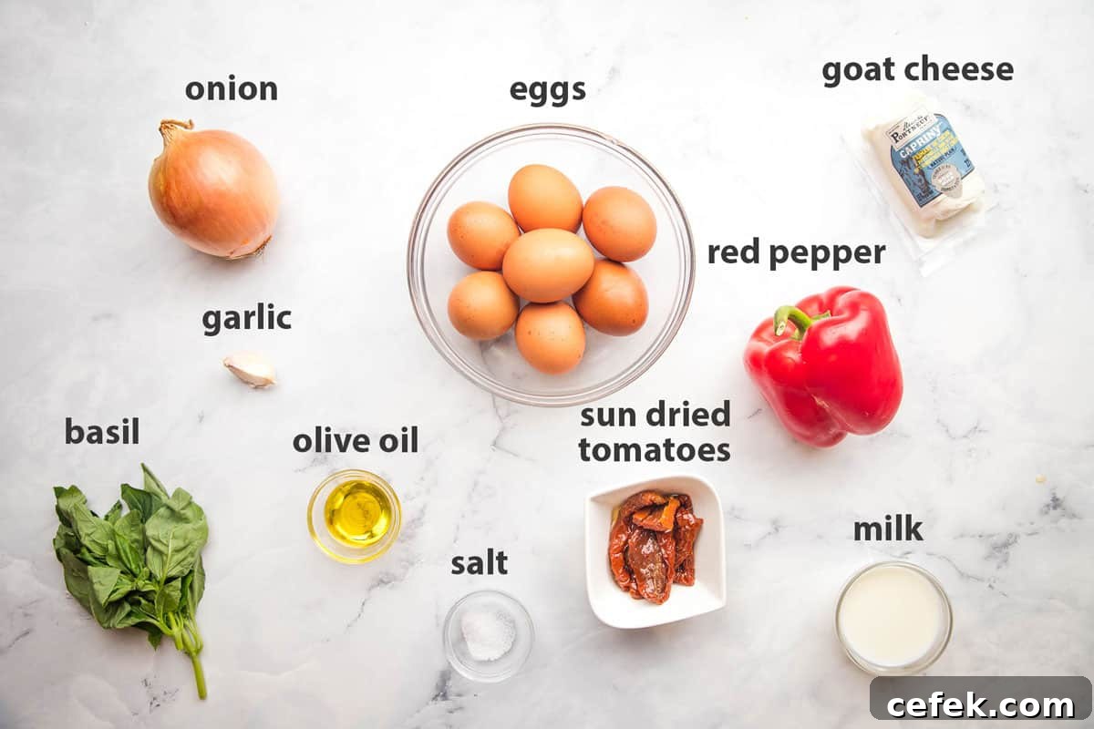 Ingredients for making a goat cheese frittata.
