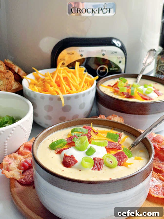 bowls of potato soup topped with garnish in front of the Crockpot