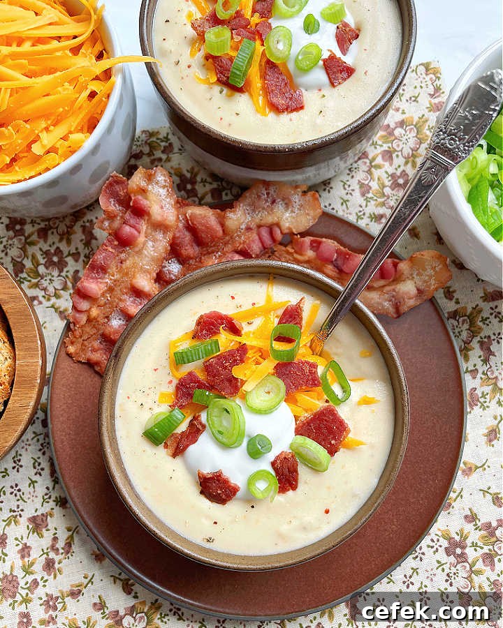 beautiful bowl of creamy crockpot potato soup garnished with cooked and crumbled bacon, green onions, sour cream and shredded cheese - with extra bacon slices on the side