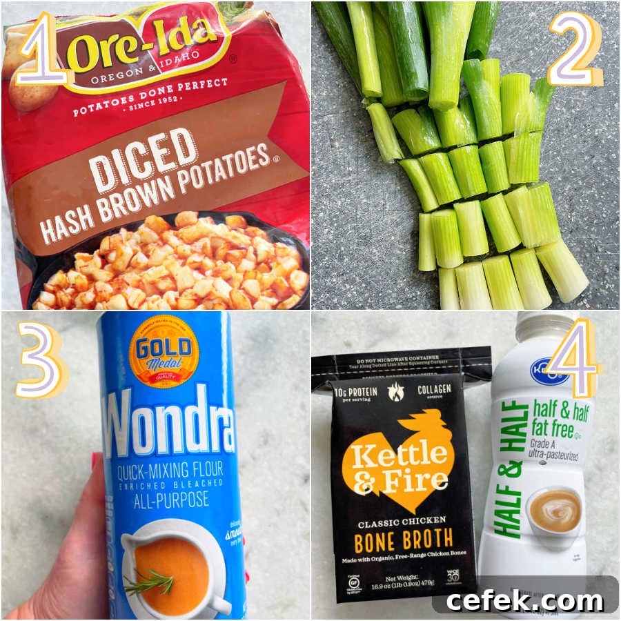 showing some of the key ingredients for potato soup in the crockpot - ore-ida frozen hash brown potatoes, green onions, Wondra flour, chicken stock and fat free half and half