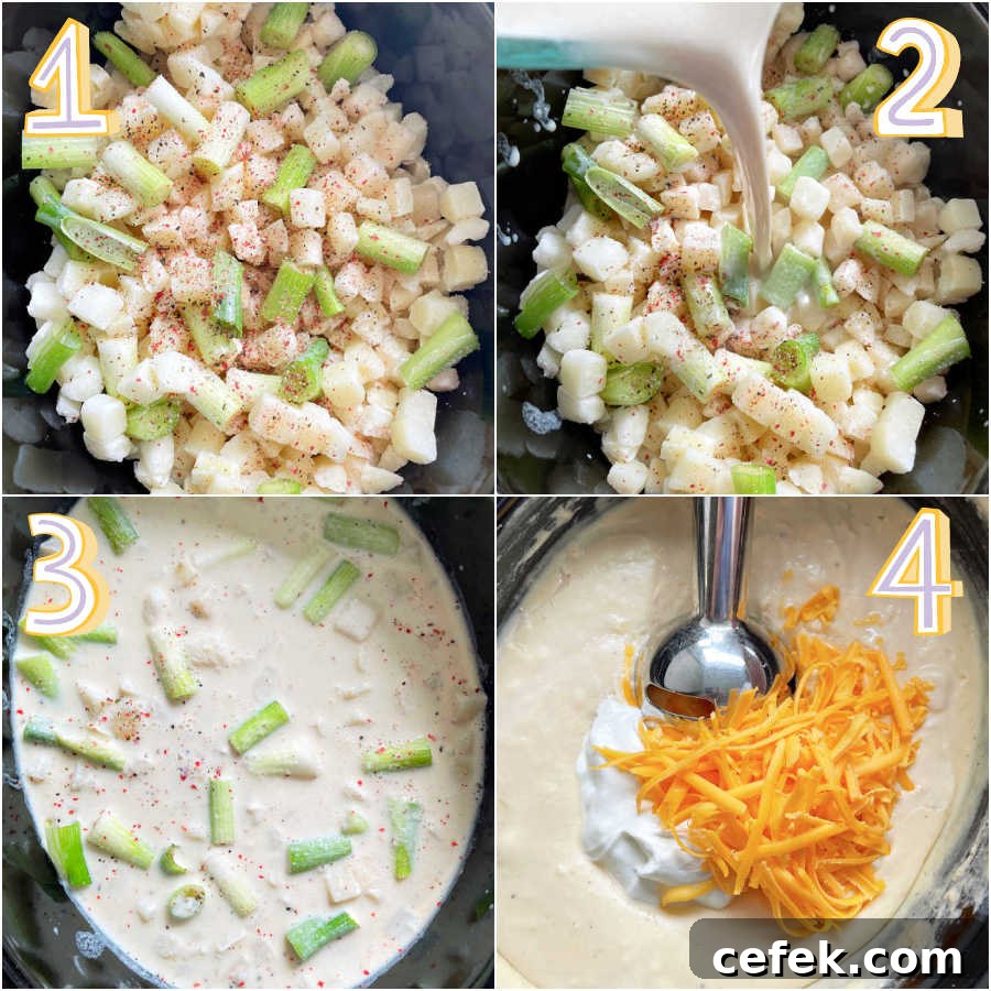 showing the process of making potato soup in the crockpot - adding potatoes and green onions, then roux thickened broth, then blending the slow cooked soup with cheese and sour cream