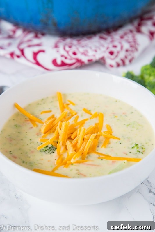 A bowl of broccoli cheese sou with cheese