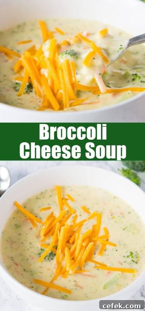 close up broccoli cheese soup in a bowl for pinterest