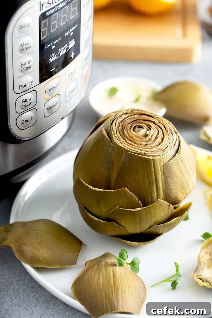 Cooked whole artichoke globe on a white plate next to a pressure cooker.