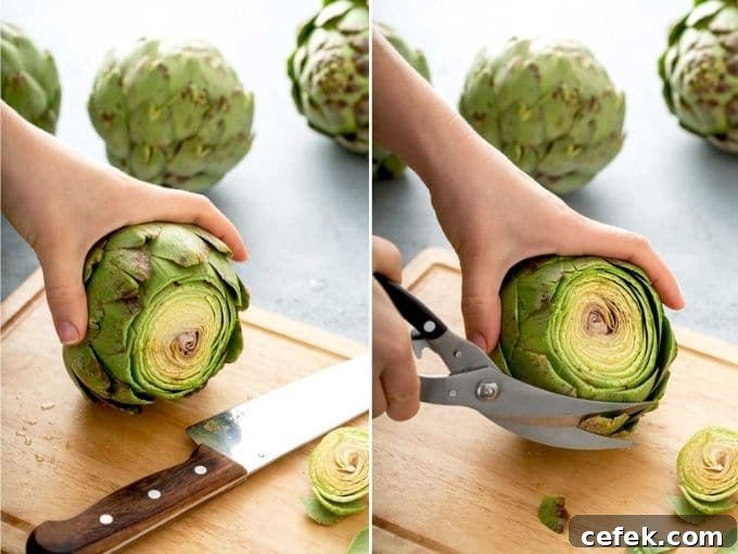 Photo collage on how to prepare artichokes