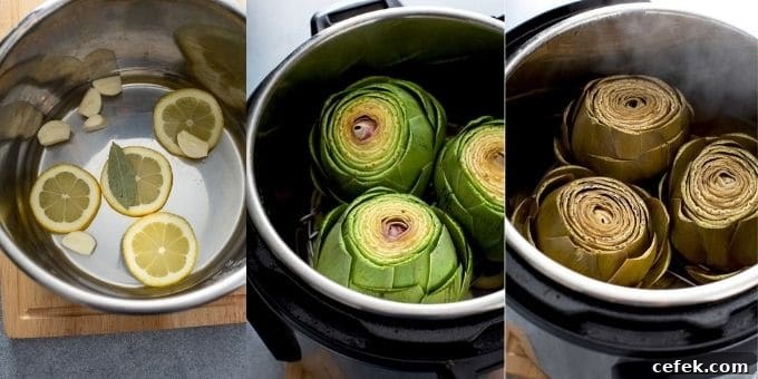 Image collage of how to cook artichokes in the instant pot.