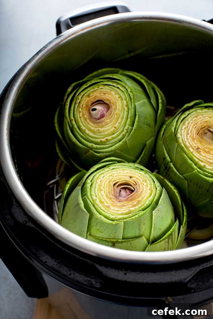 Artichokes inside a pressure cooker.