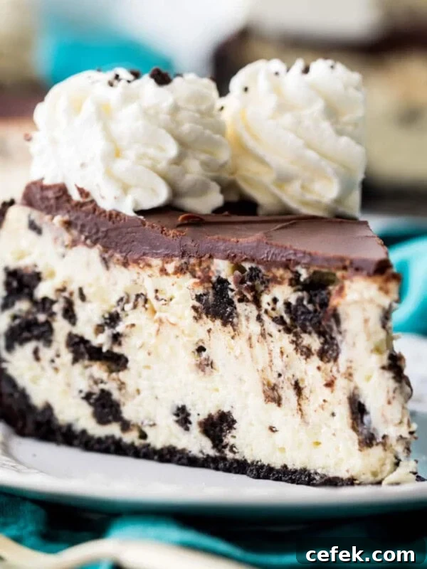 slice of oreo cheesecake topped with chocolate ganache and whipped cream