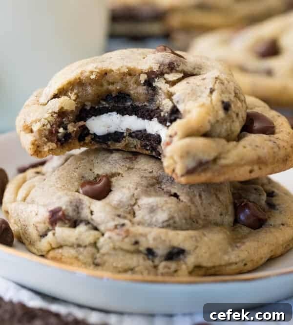 Stack of Oreo stuffed chocolate chip cookie - with bite missing to reveal oreo cookie inside - on plate