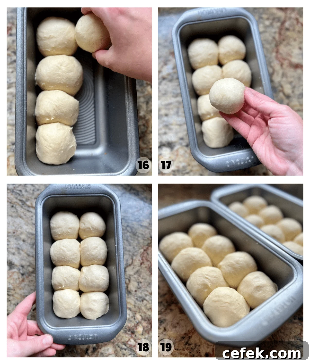 Eight balls of dough are placed into a 9x5 loaf pan.