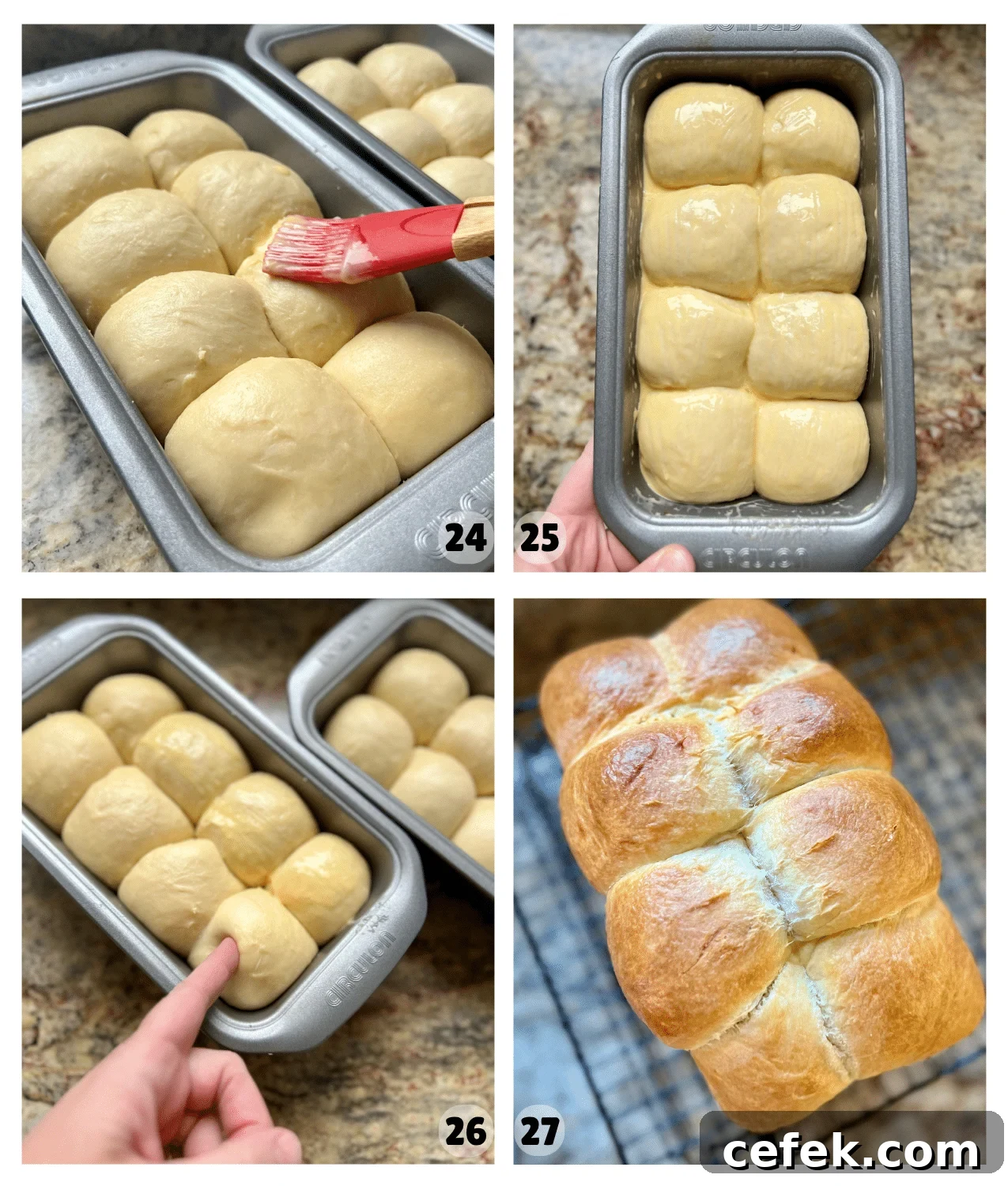 Four pictures show a loaf pan with brioche being coated in butter and then after baking it is a golden brown color.