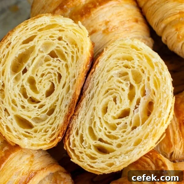 Sourdough discard croissants cut open.