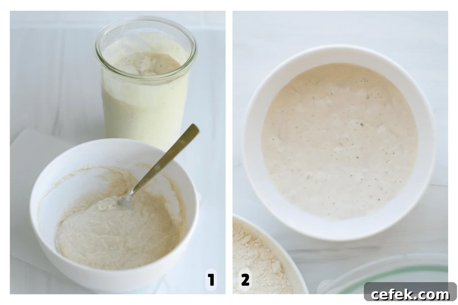Sourdough jar and a bowl of levain just mixed.