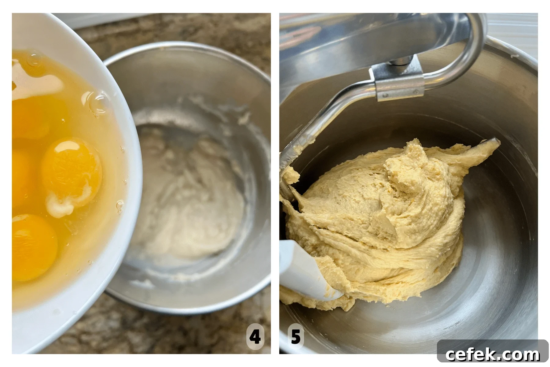 A stand mixer fitted with a dough hook turns the dough as eggs and other ingredients are added.