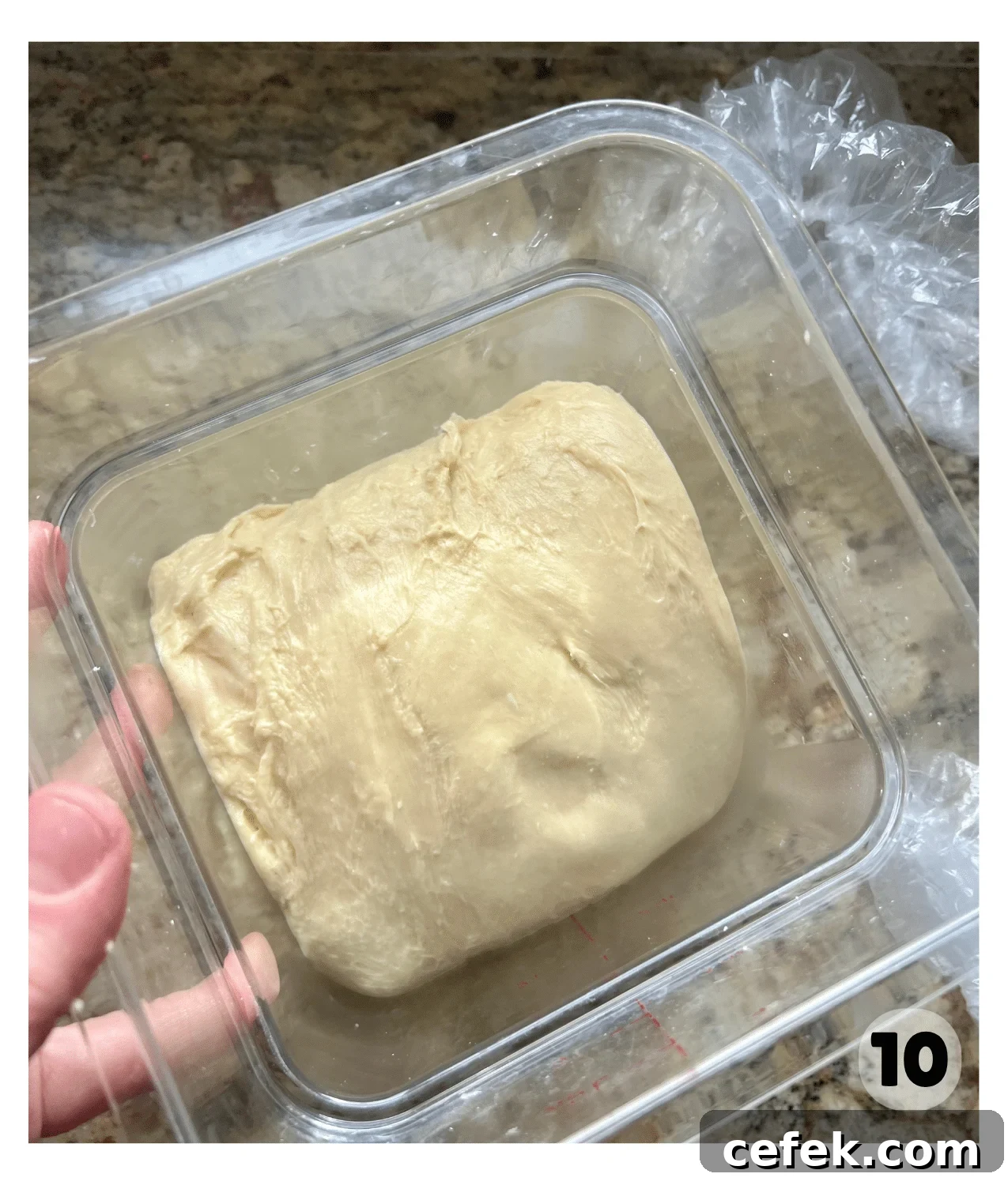 Dough sits in a square plastic container to rise.