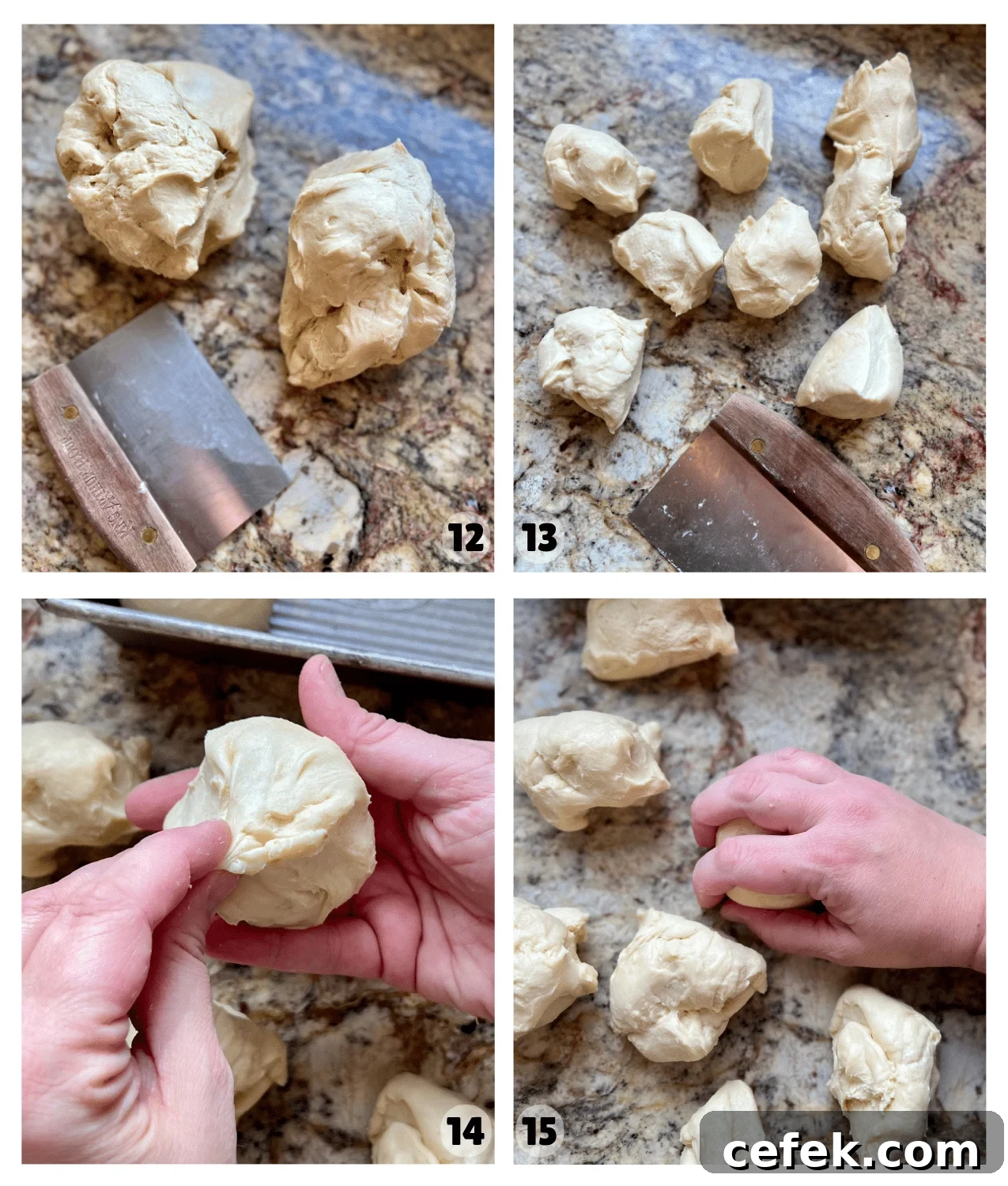 Four pictures show a bench knife next to pieces of dough that have been cut into roughly equal shapes and then rolled into balls.
