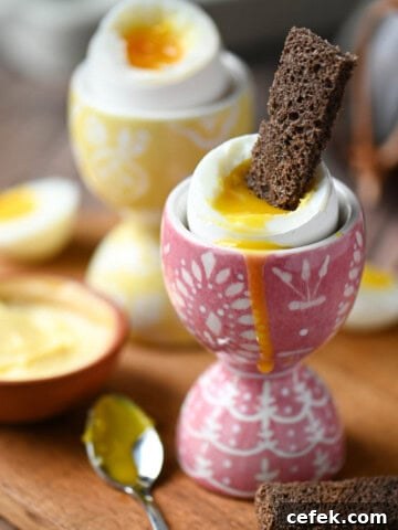 Close up of soft boiled eggs in pattered cups with toast in them.
