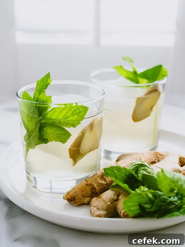 Two wine coolers garnished with mint and ginger.