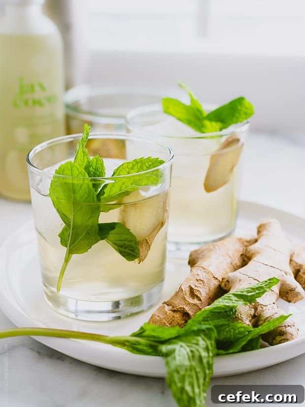 Ginger-Mint Coconut Water Coolers garnished with mint and ginger.