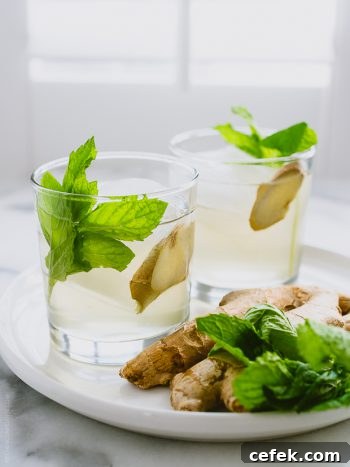 Two coconut water coolers garnished with mint and ginger.