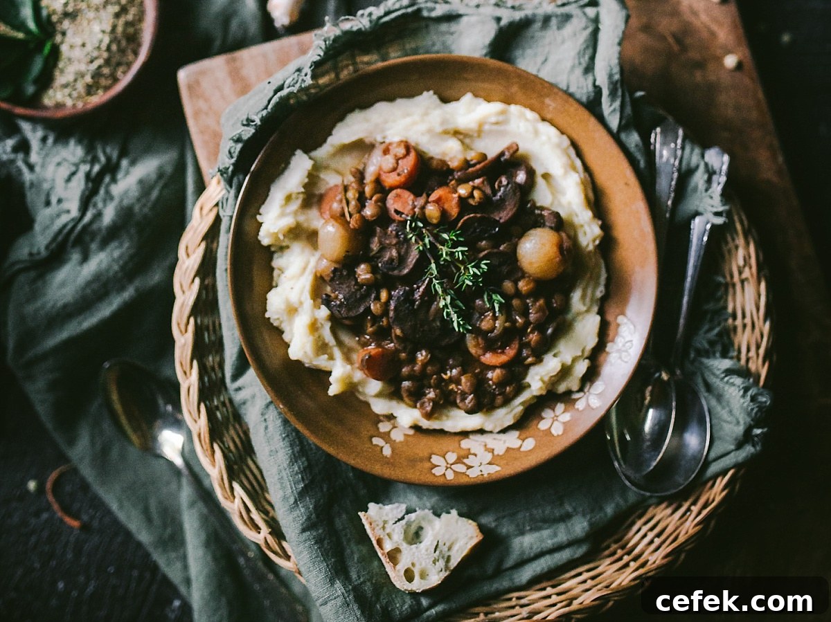 vegetarian coq au vin over creamy mashed potatoes with garlic. crusty bread on the side