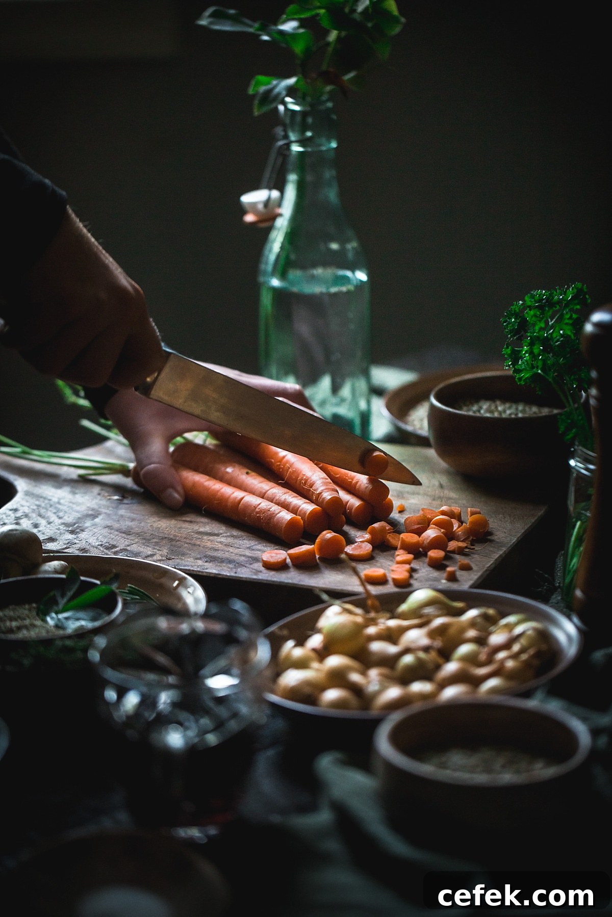 woman chops carrots for mushroom lentil stew