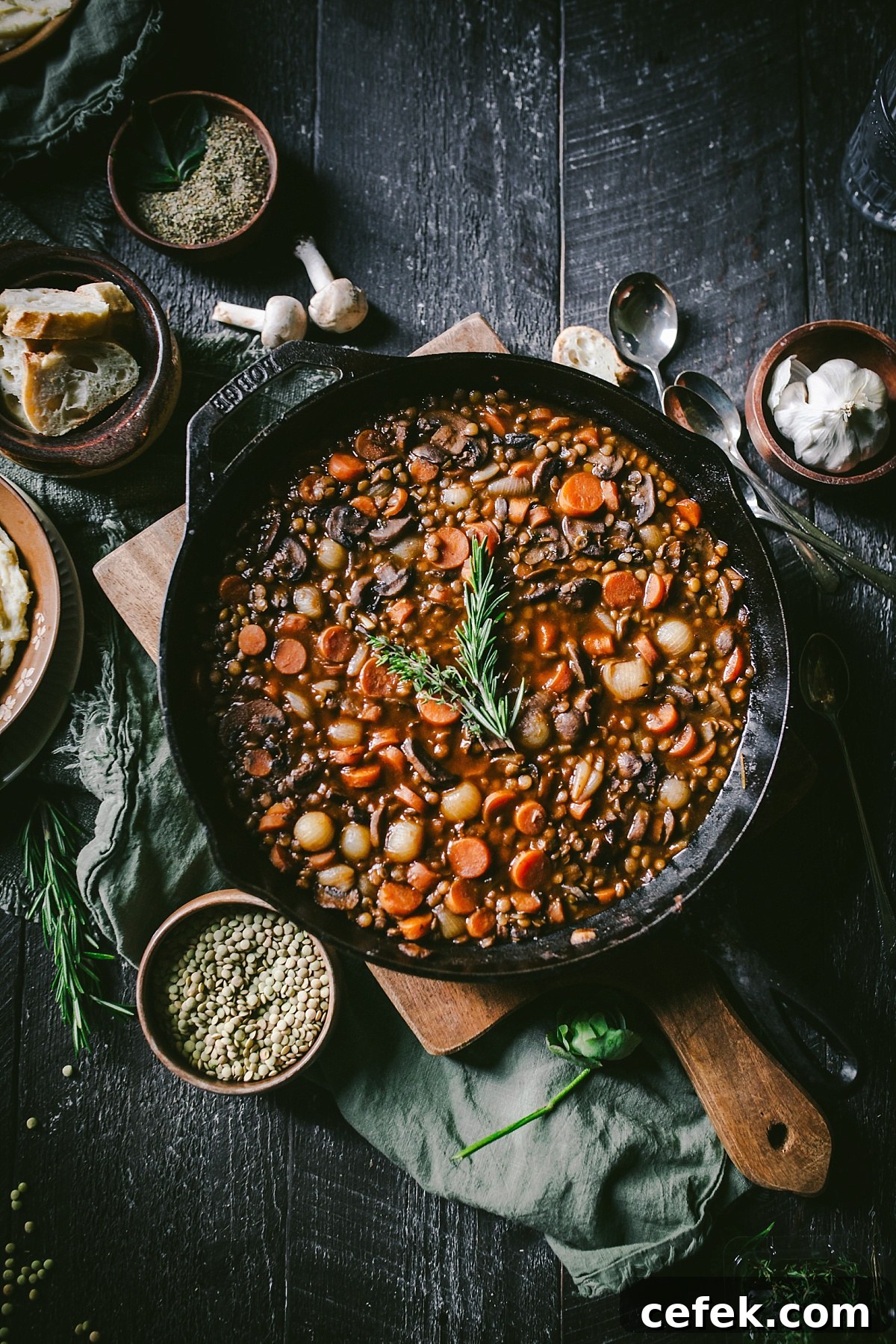 black cast iron pan of hearty lentil mushroom stew with carrots and fresh thyme on top
