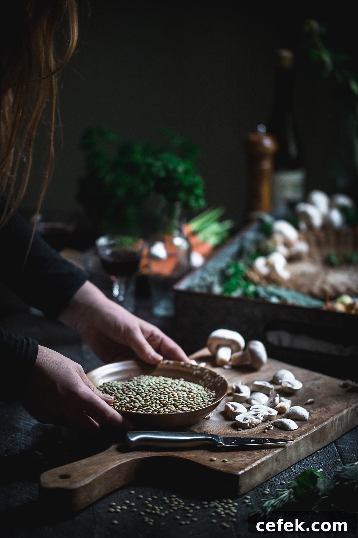 woman pulls bowl of green lentils onto workbench while making vegetarian coq au vin