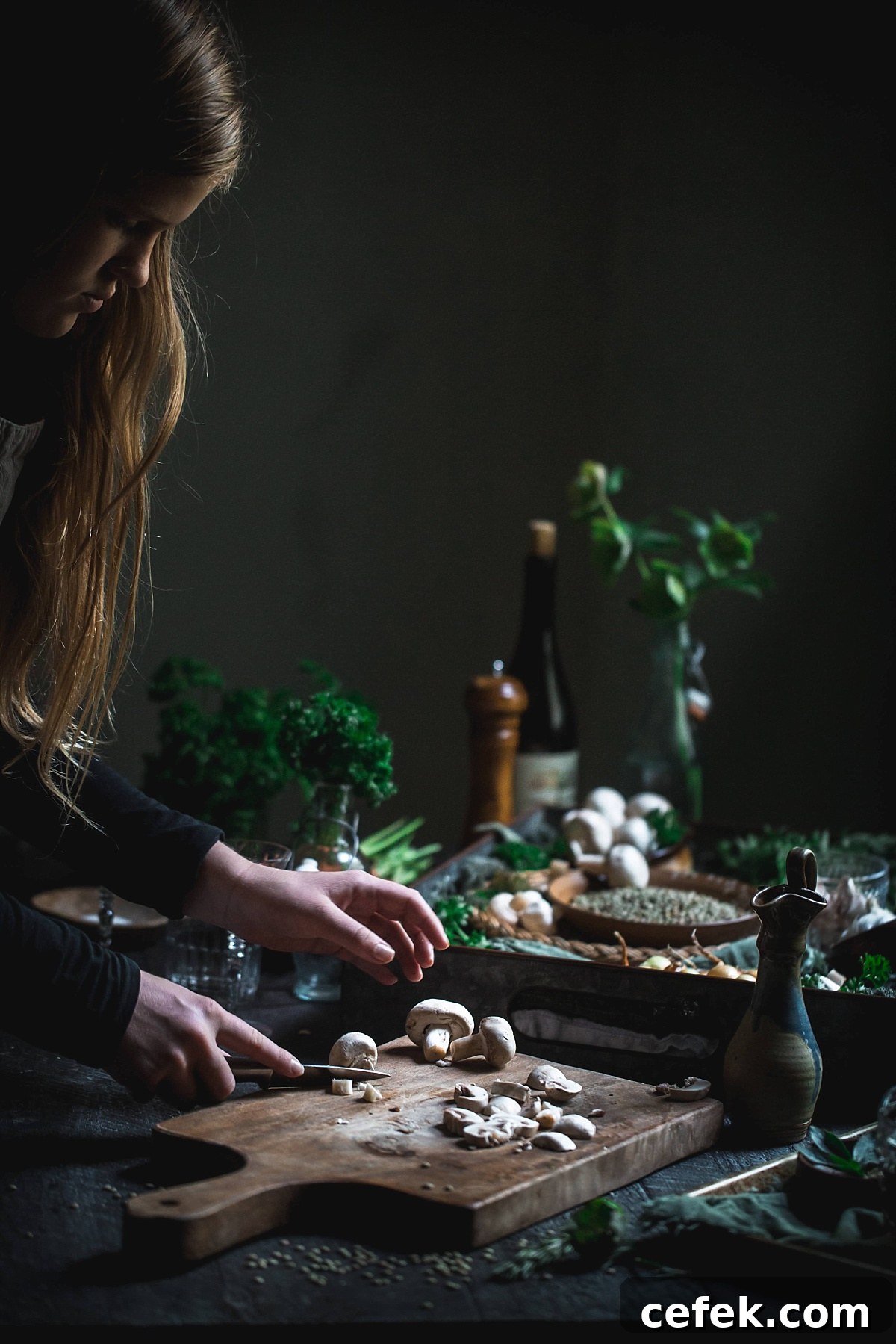 chopping mushrooms for vegan coq au vin