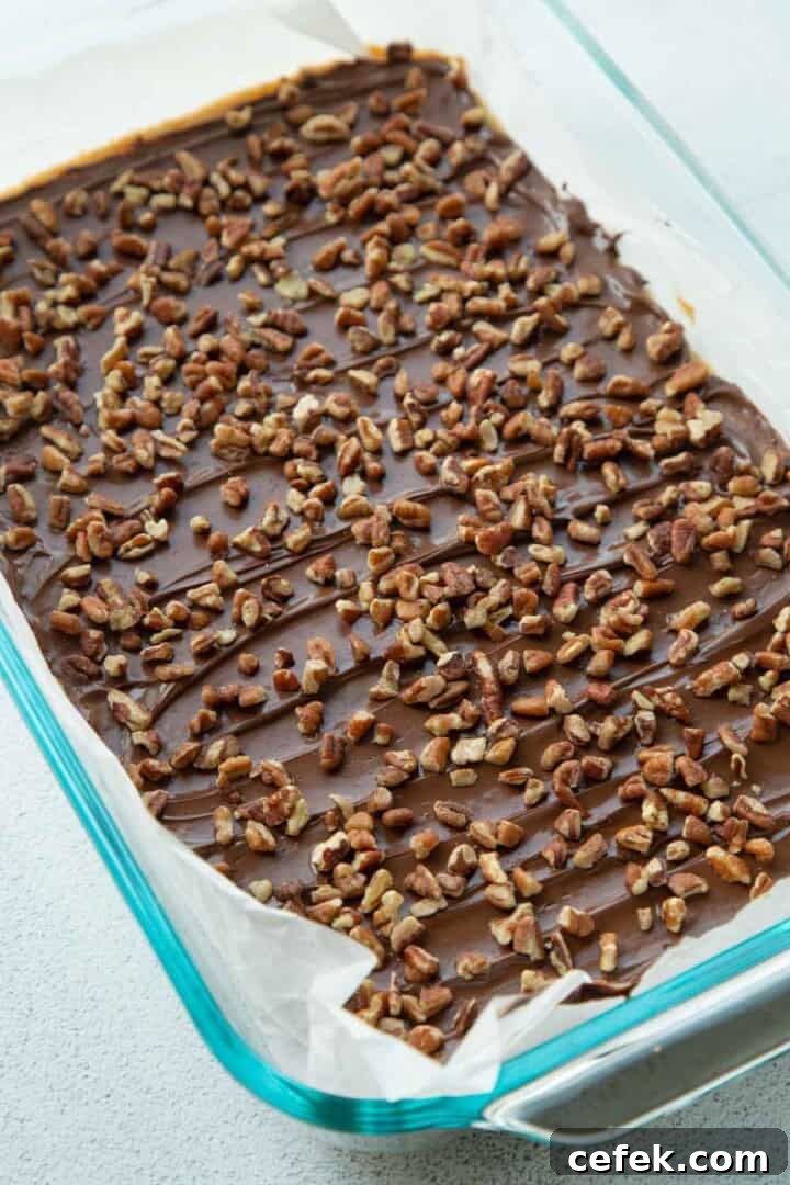 chocolate and pecans on top of a cookie base in a pan.