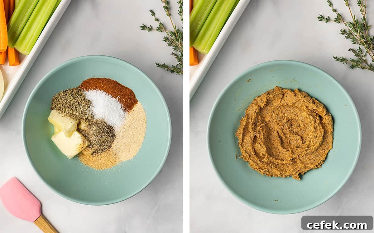 Set of two photos showing seasoning and butter added to a bowl and mixed.