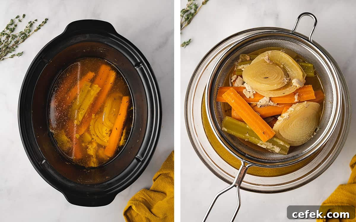 Set of two photos showing the liquid left in the slow cooker strained into a bowl.