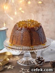 Steamed gingerbread pudding on a glass cake stand with Christmas lights and decorations.