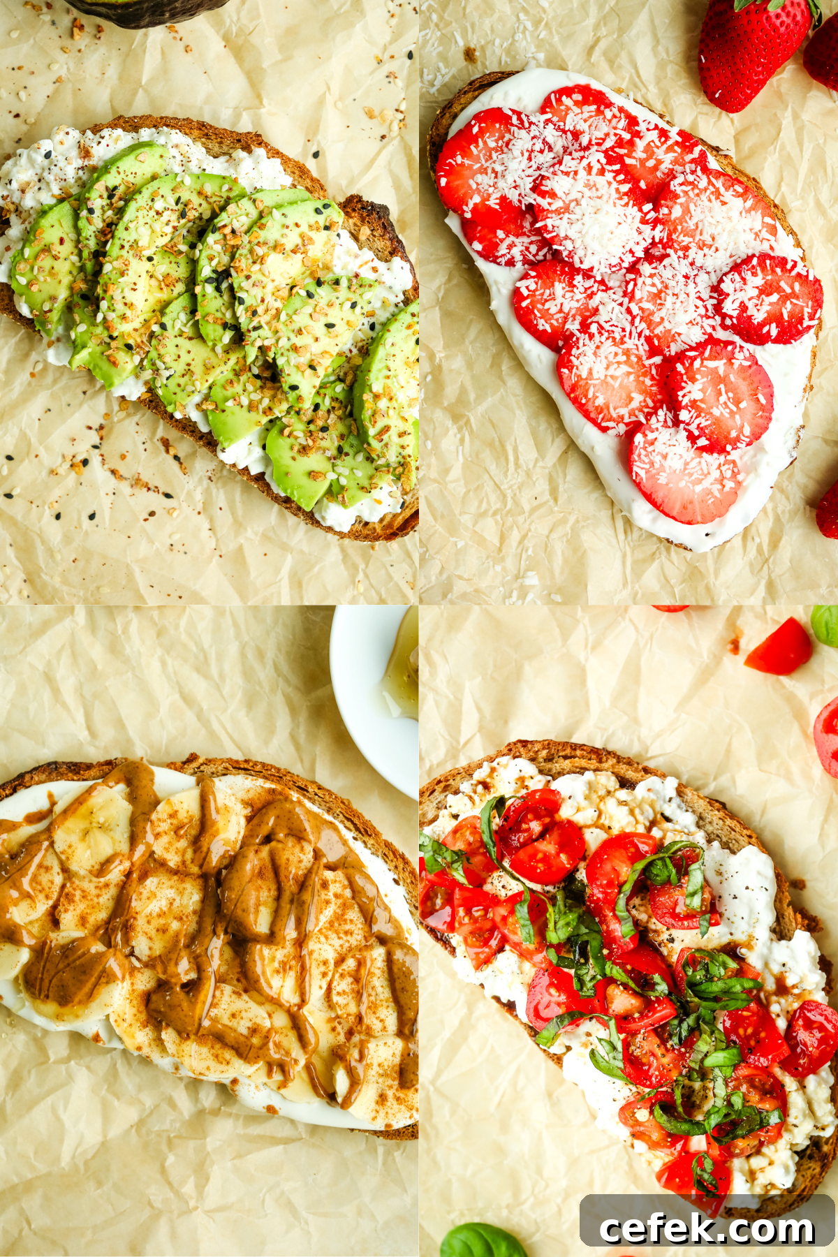 Cottage Cheese Toast 4 ways a collage of 4 pictures showing the different toppings