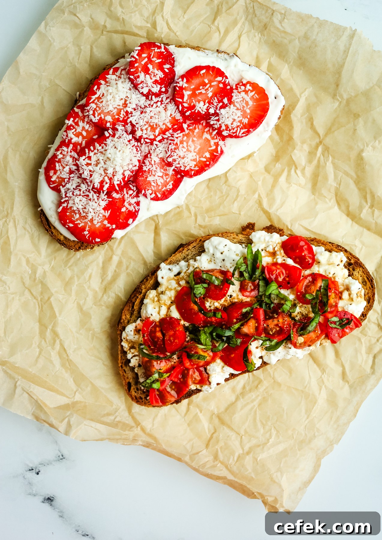 2 slices of cottage cheese toast with different toppings
