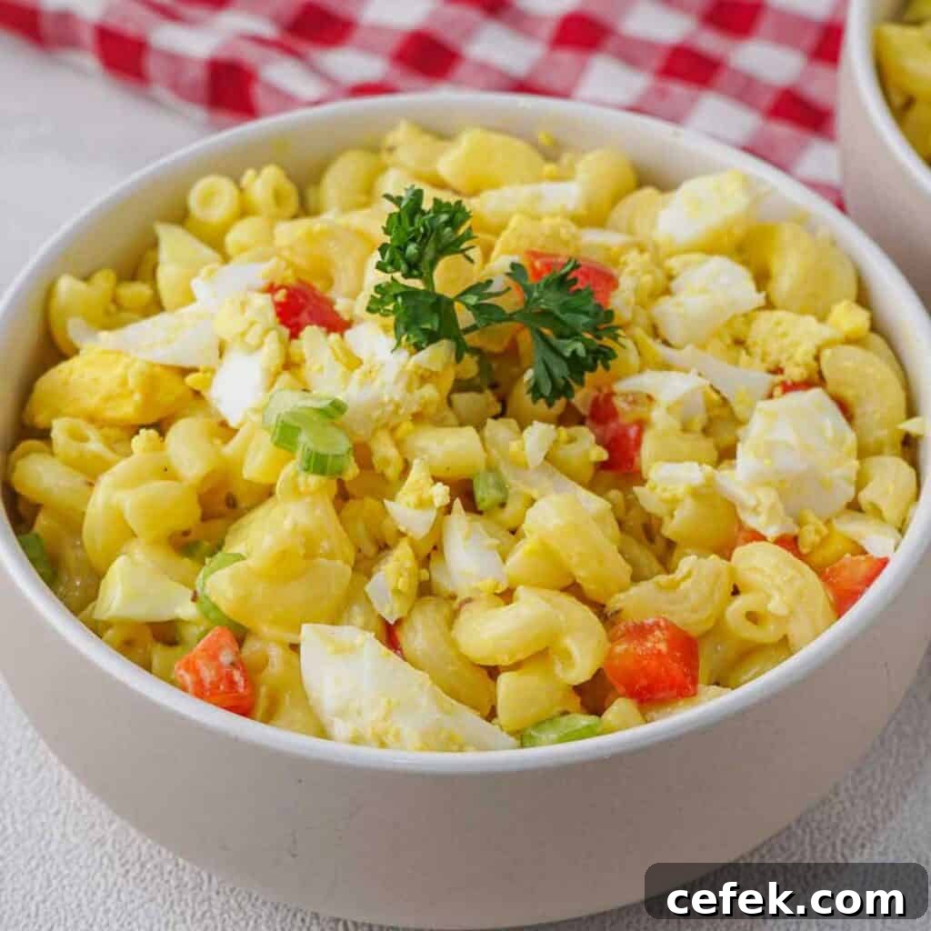 white bowl with Amish macaroni salad