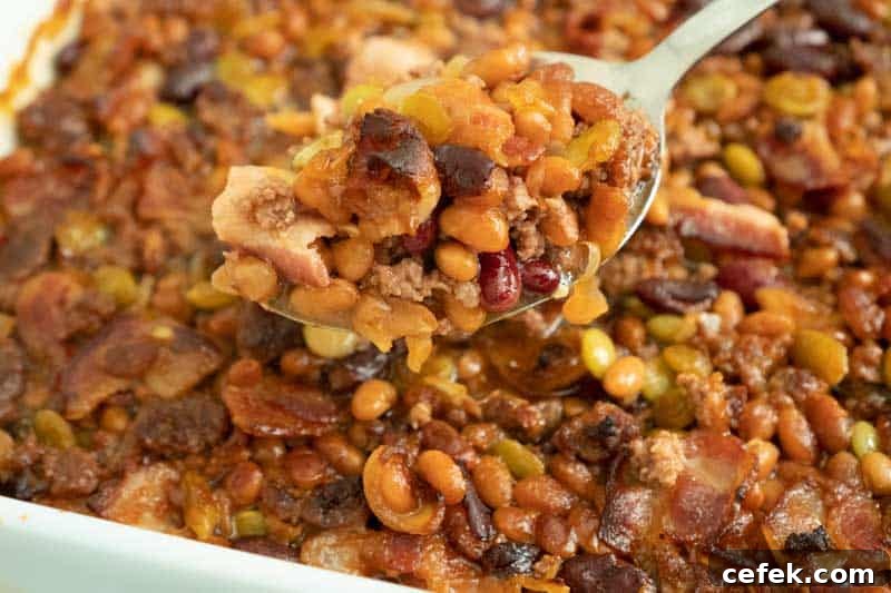 calico beans baked beans in white baking dish and spoon