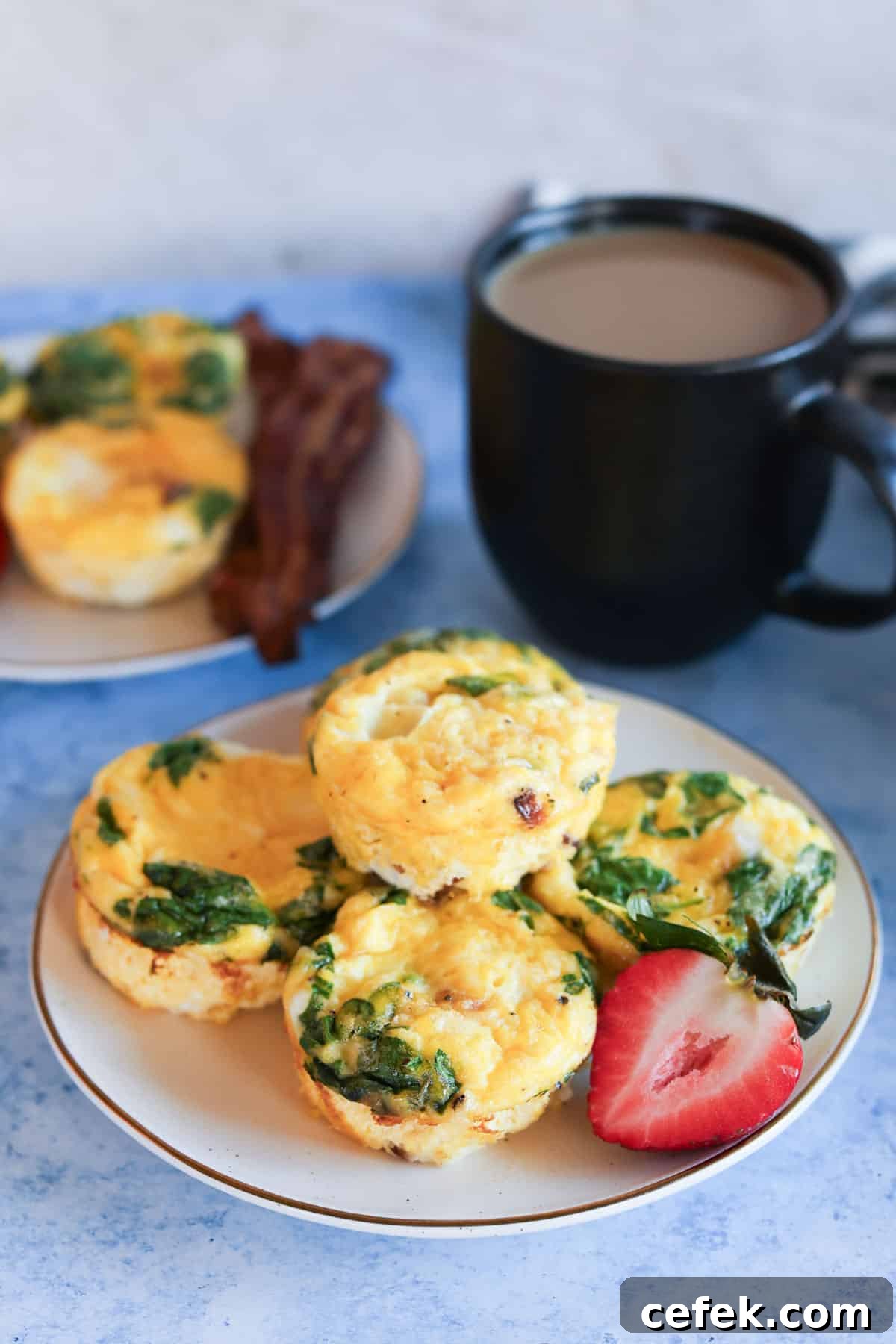 Egg bites with bacon and spinach on a plate.