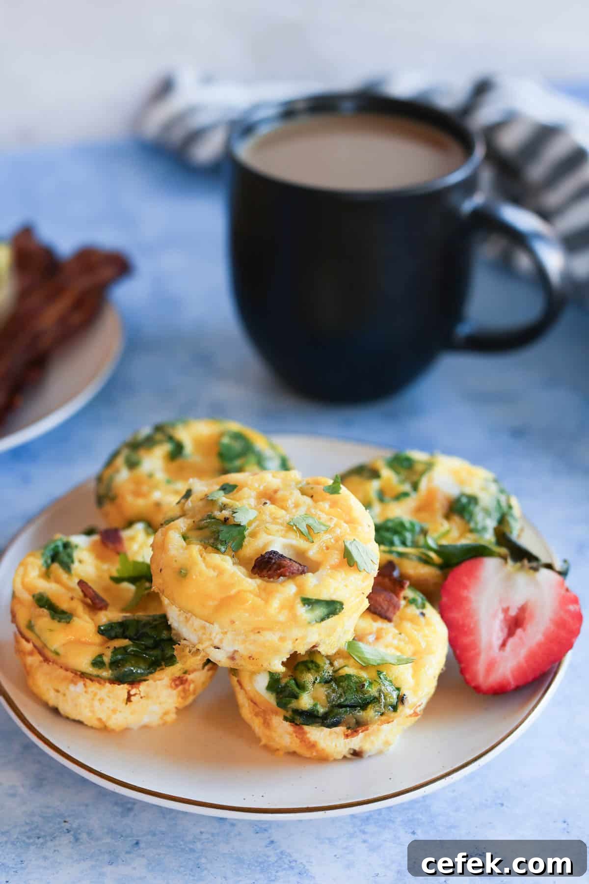A plate of egg bites with bacon and spinach next to a cup of coffee.