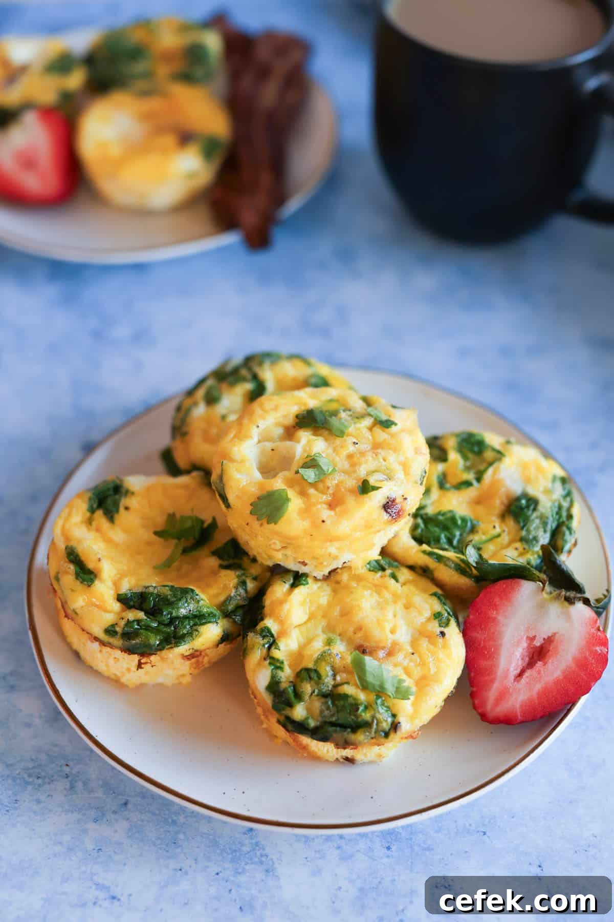 A plate with egg bites with bacon and spinach.