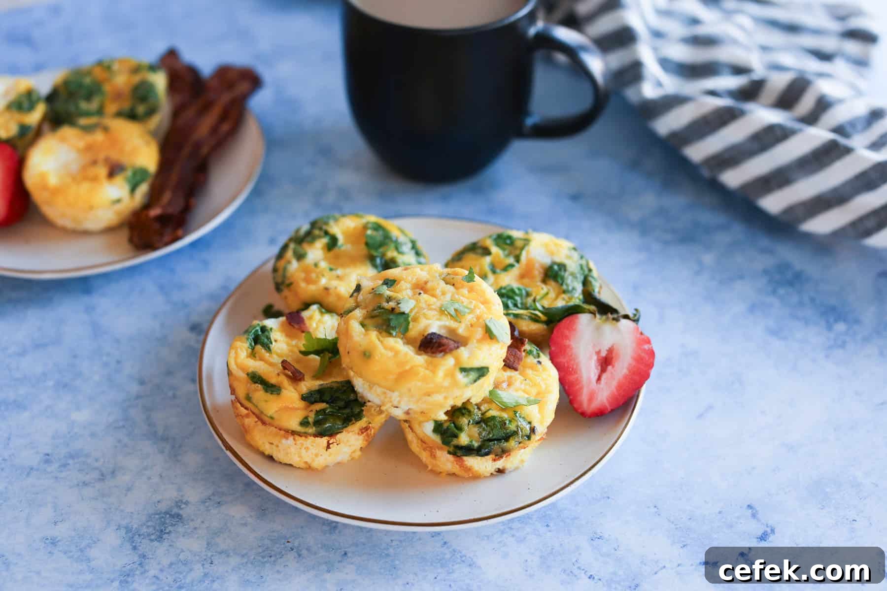 A stack of egg bites with bacon and spinach on a white plate.