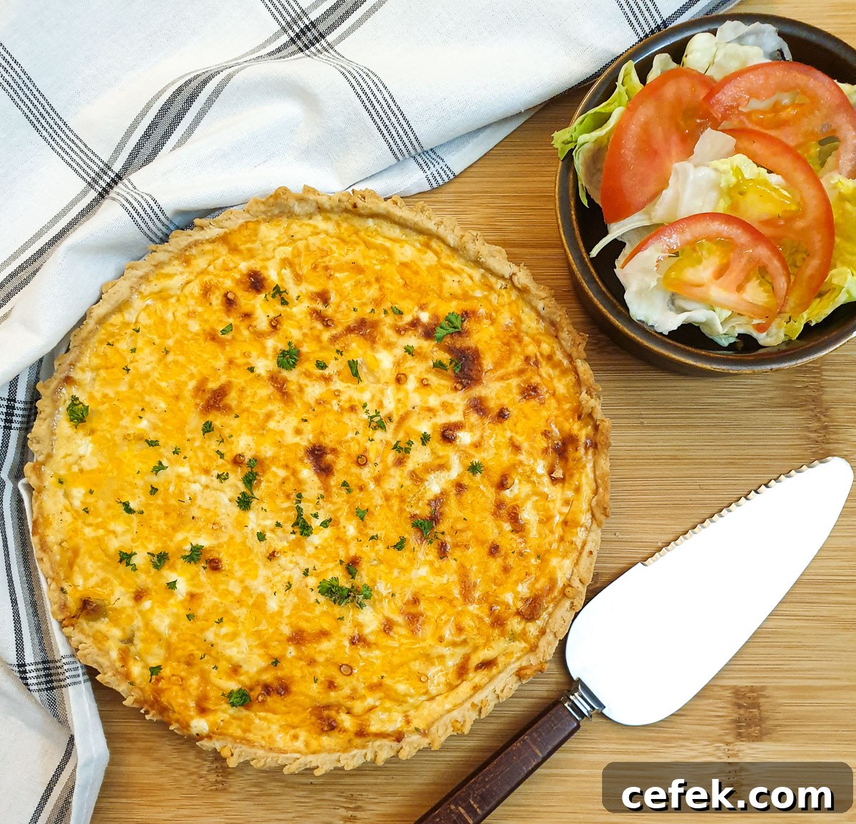 Overhead shot of a cheese and onion quiche.